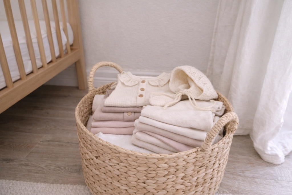 Minimal nursery corner with woven basket filled with neutral baby girl outfits