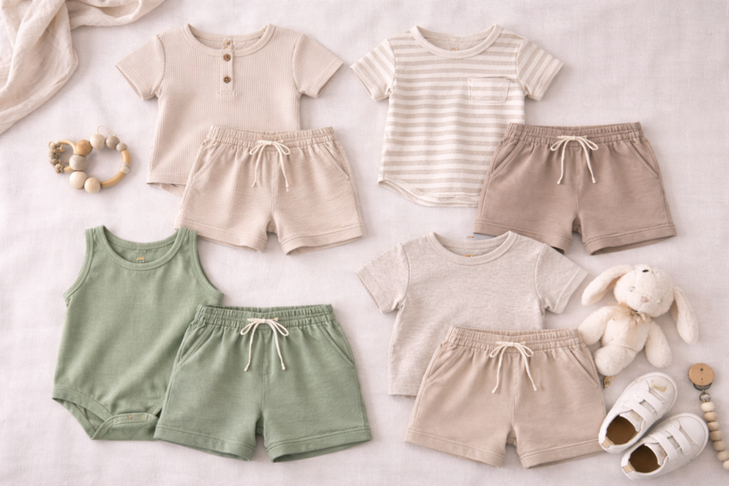 Neutral baby outfits flat lay