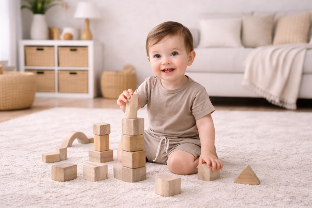 Smiling baby building with wooden blocks