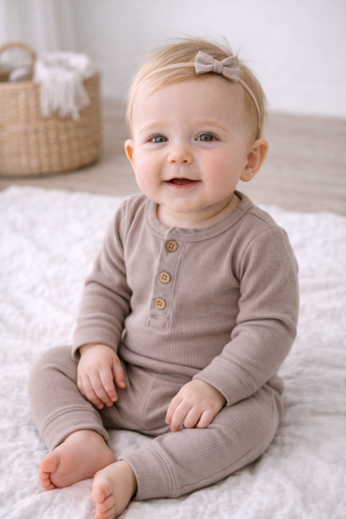 Baby girl sitting on a simple blanket wearing a taupe ribbed onesie with matching leggings and a small neutral bow