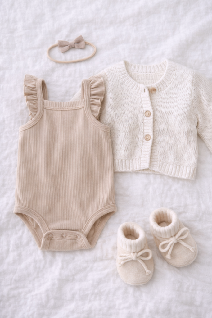 Flat lay of neutral baby girl outfit on soft fabric background, 