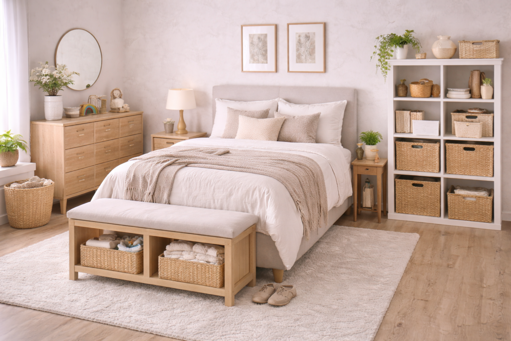 Cozy and organized neutral bedroom