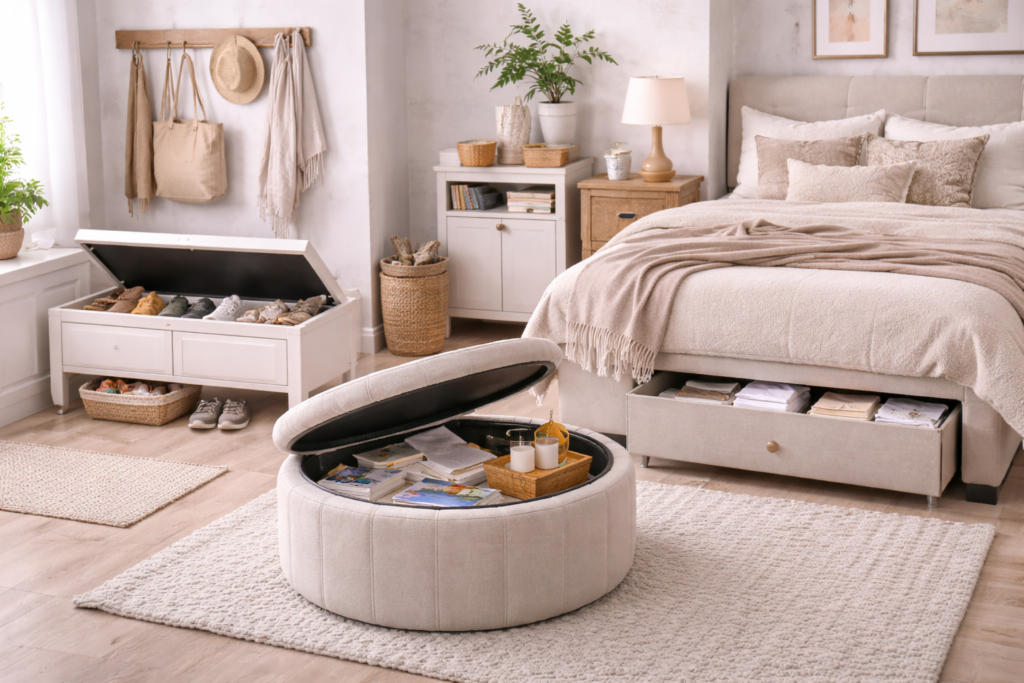 Multifunctional storage in a modern farmhouse bedroom