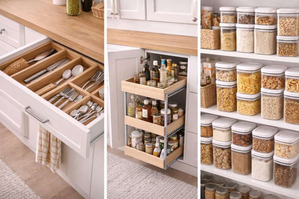 Organized kitchen storage with clear containers