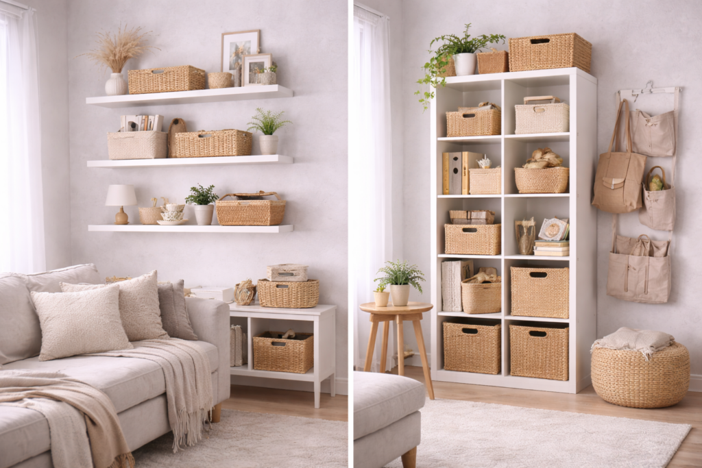Organized living room with vertical storage