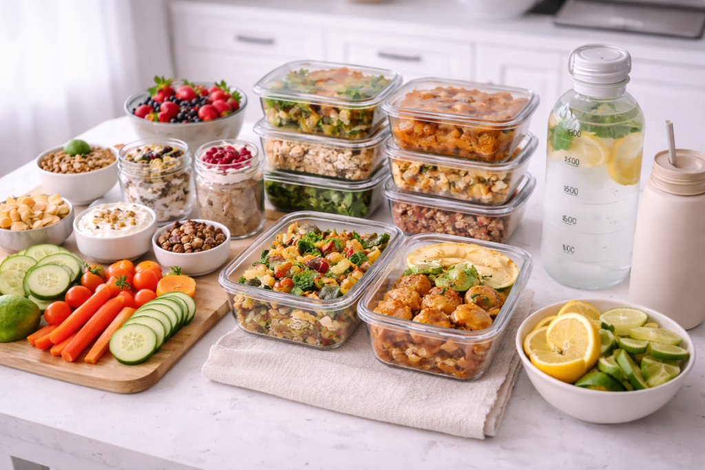 Healthy eating prep and hydration setup