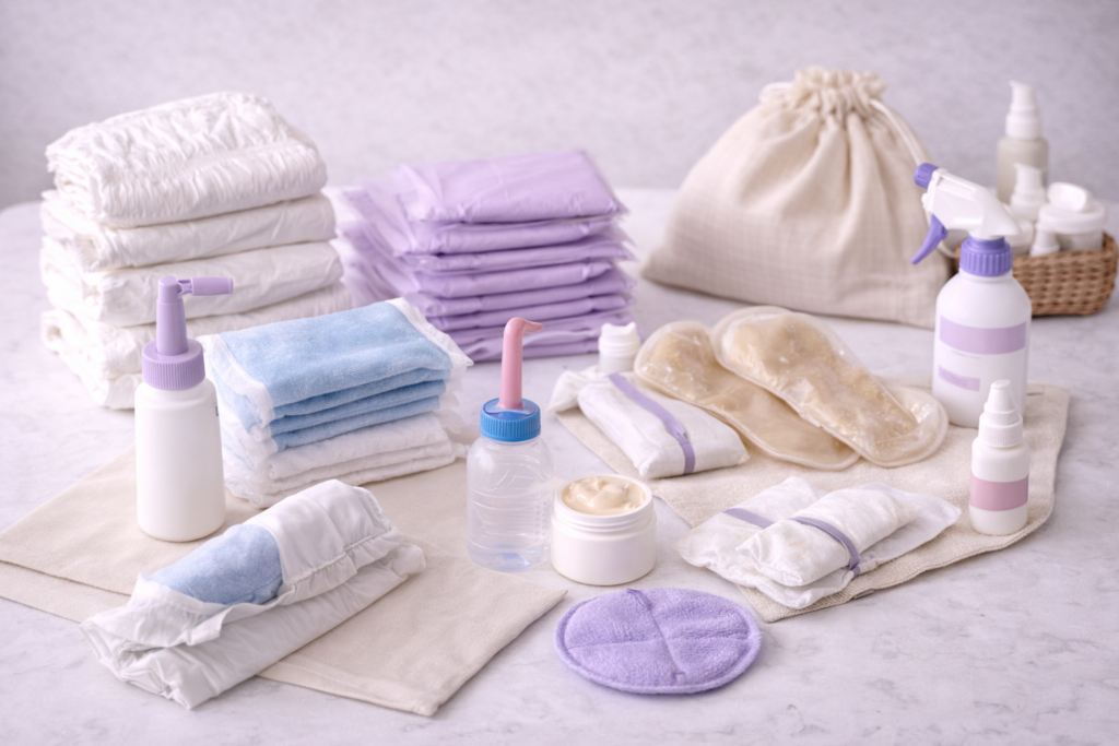 Postpartum care essentials arranged neatly