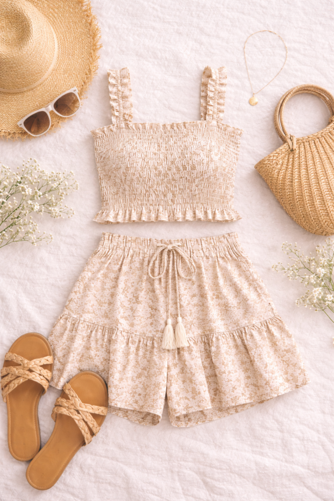 Flat lay of coordinated summer set, lightweight top and matching shorts