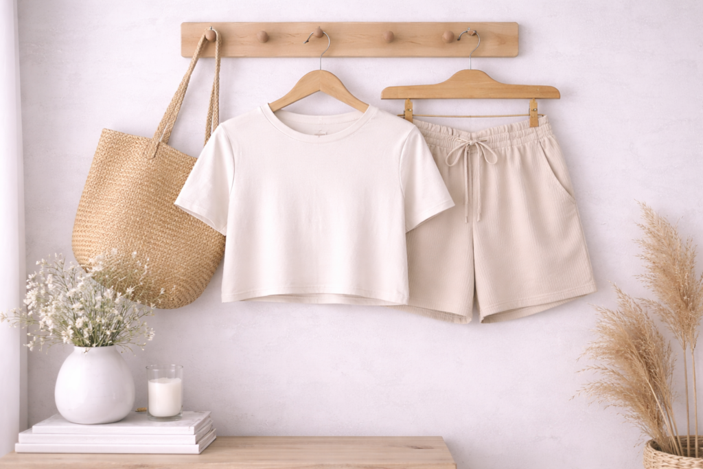 Neutral summer lounge set displayed on wooden hanger