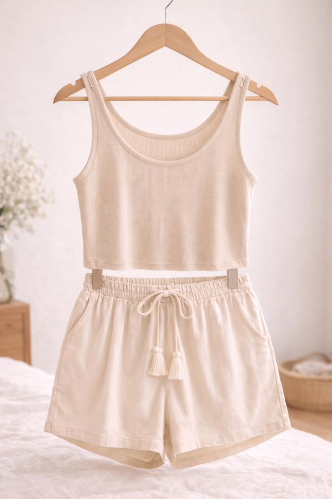 Neutral summer lounge set displayed on wooden hanger