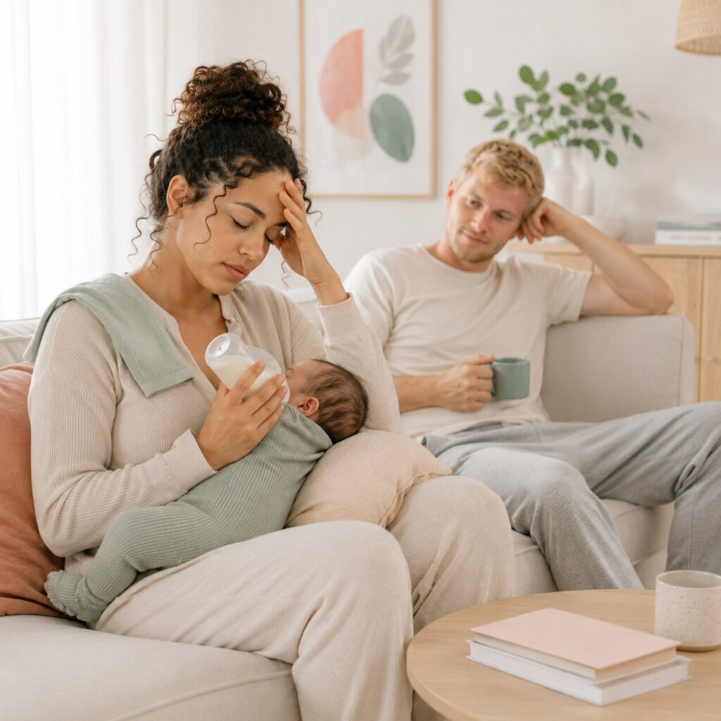 Mother pumping breast milk in kitchen