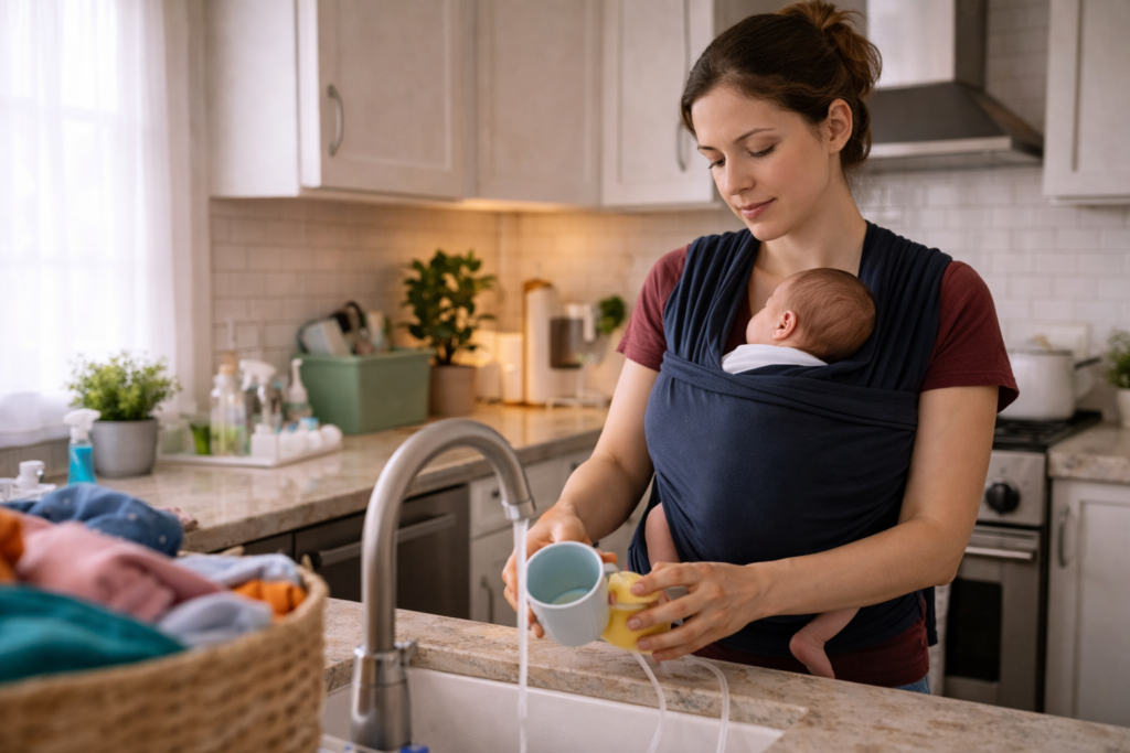 Mother washing dishes with newborn in sling