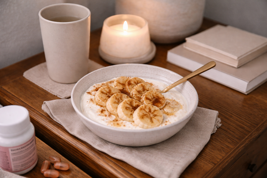 Breakfast essentials on a bedside table