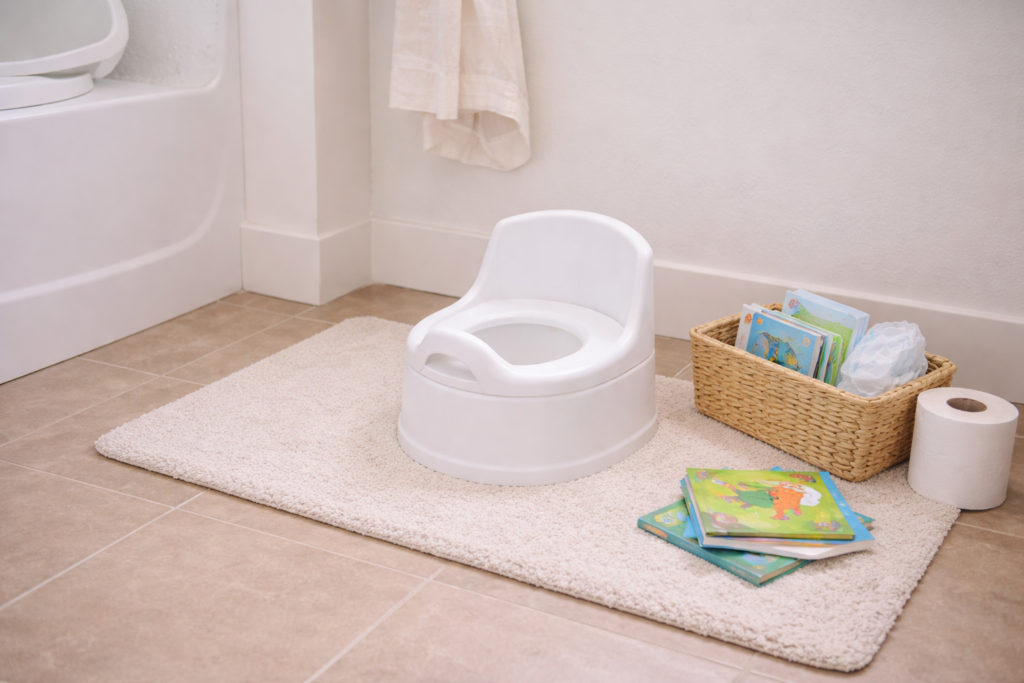 Minimal bathroom with small potty and children’s books nearby