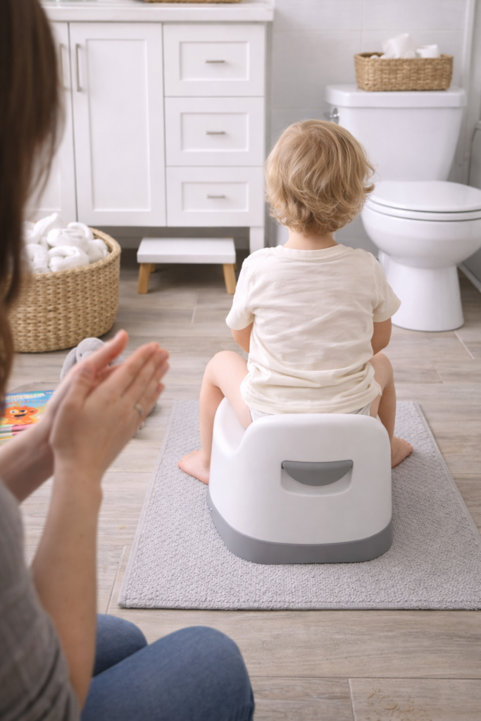 Mom clapping softly while toddler sits on potty, shot from behind