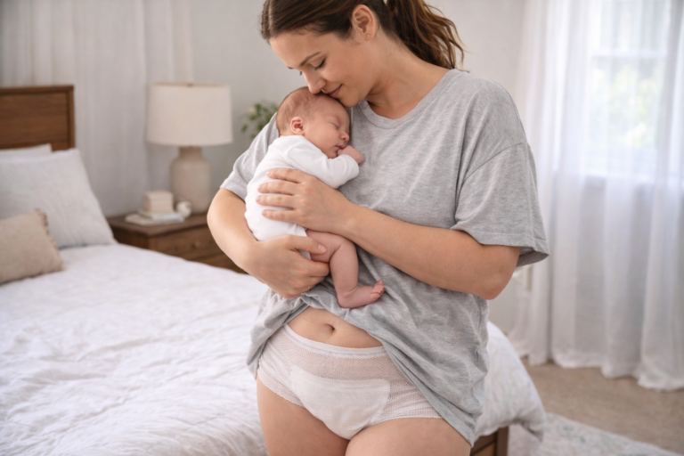 New mother cradling her newborn baby