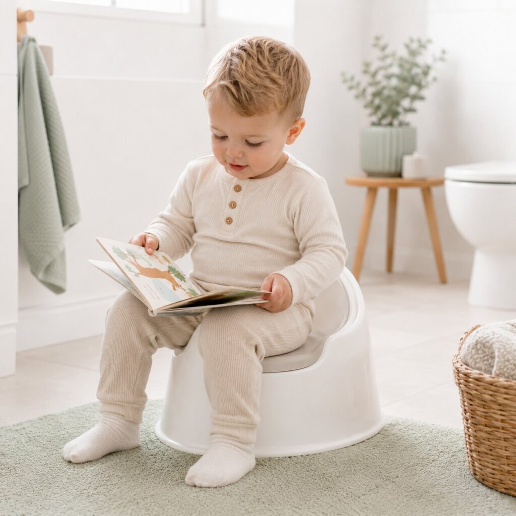 Toddler reading in a peaceful bathroom