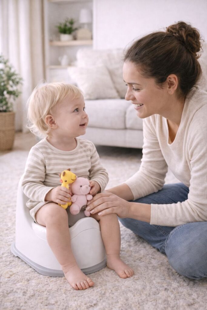 Parent teaching a toddler how to use the potty during potty training