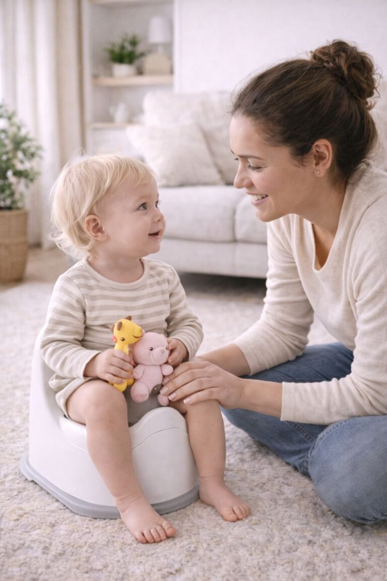 Parent teaching a toddler how to use the potty during potty training