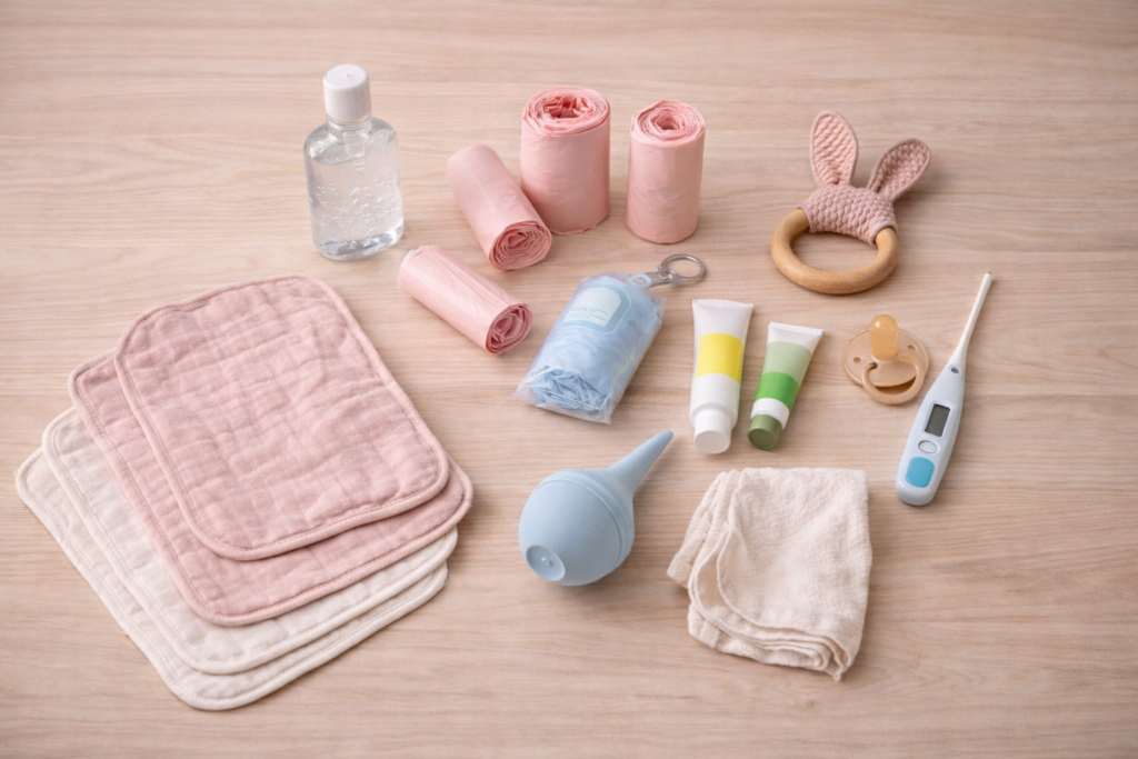Baby care essentials on wooden surface