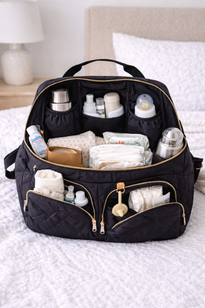 Diaper bag compartments open