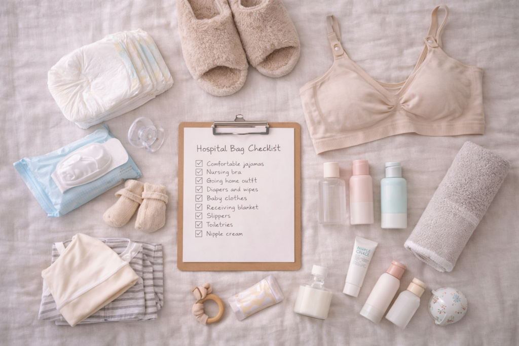 Hospital bag checklist flat lay setup