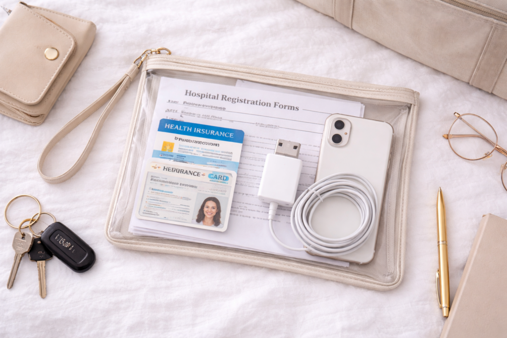 Hospital essentials laid out flat