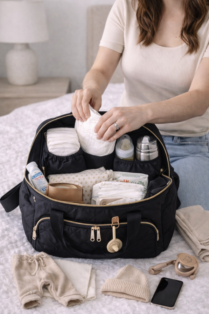 Mom packing diaper bag