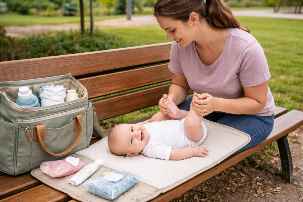 Mother changing baby outdoors in park