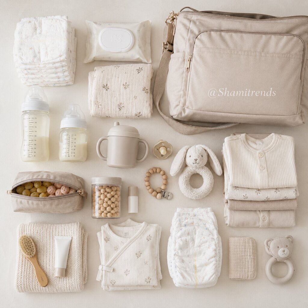 Neutral baby essentials packing list