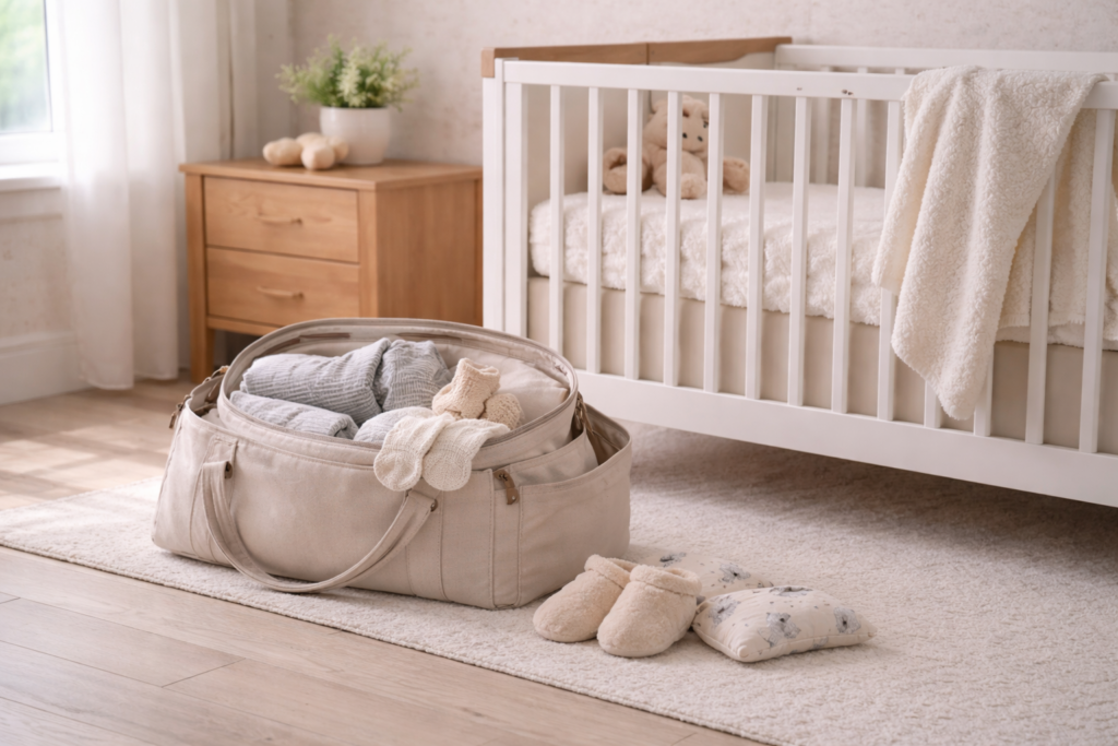 Nursery corner with hospital bag and crib