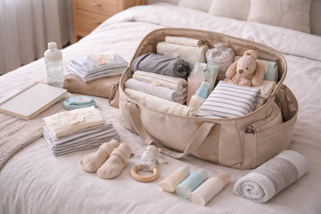 wide shot of hospital bag on bed