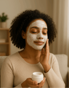 An African American woman relaxing at home in a cozy robe, enjoying a quiet self-care moment with candles and skincare products in a softly lit, minimalist setting.