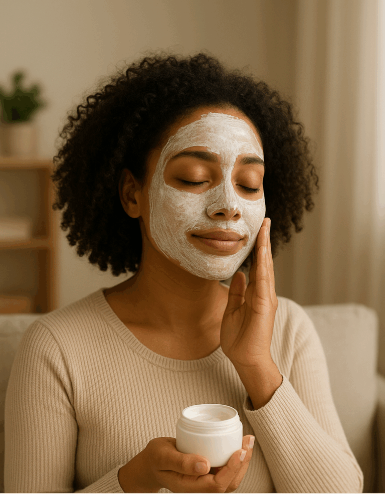 An African American woman relaxing at home in a cozy robe, enjoying a quiet self-care moment with candles and skincare products in a softly lit, minimalist setting.