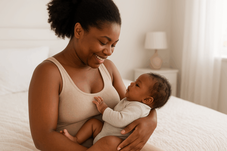 A happy African American baby lying on a cozy beige blanket, surrounded by neutral baby essentials like a pacifier, rattle, and soft toys.