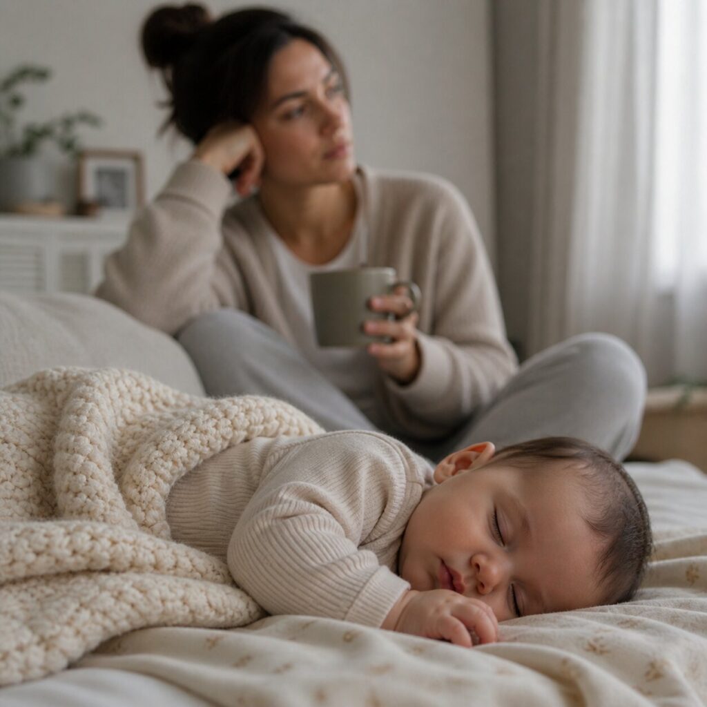 Baby sleeping while mom sits nearby slightly out of focus
