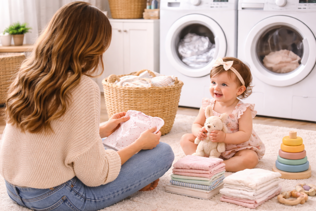 Back view of mom folding laundry with baby sitting beside her