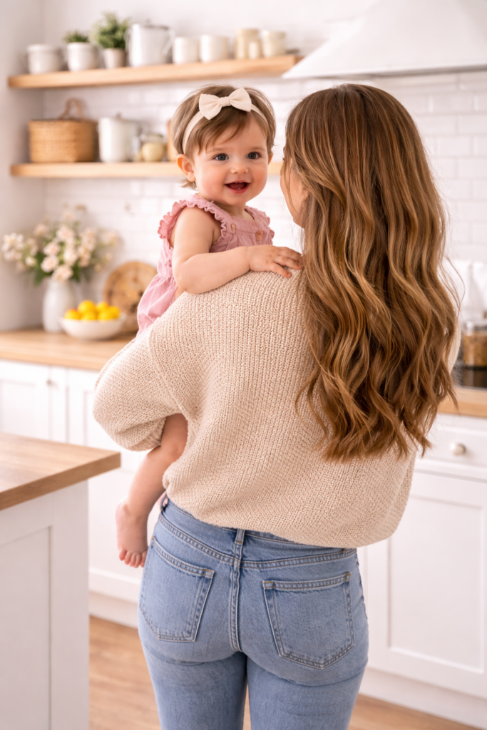 Mom sitting on the floor surrounded by toys while toddler plays nearb