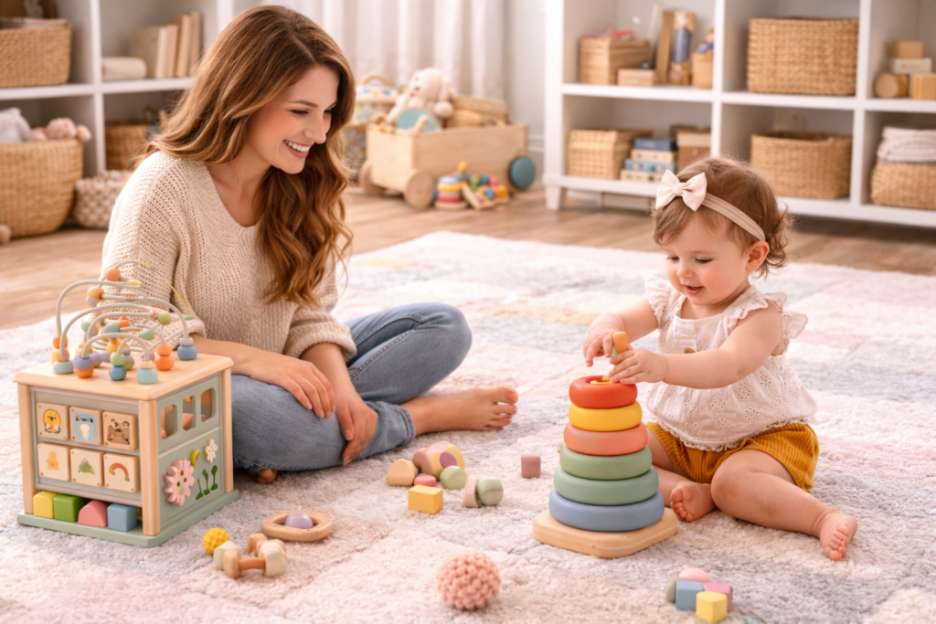 Mom sitting on the floor surrounded by toys while toddler plays nearb