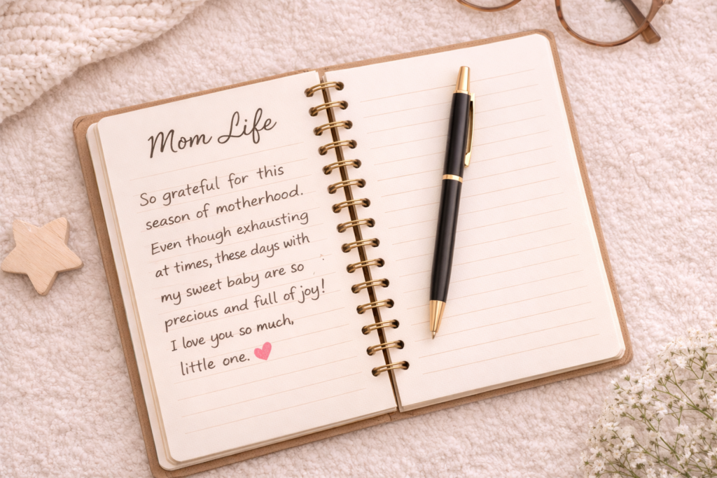 Open journal with handwritten words on page and pen resting on top