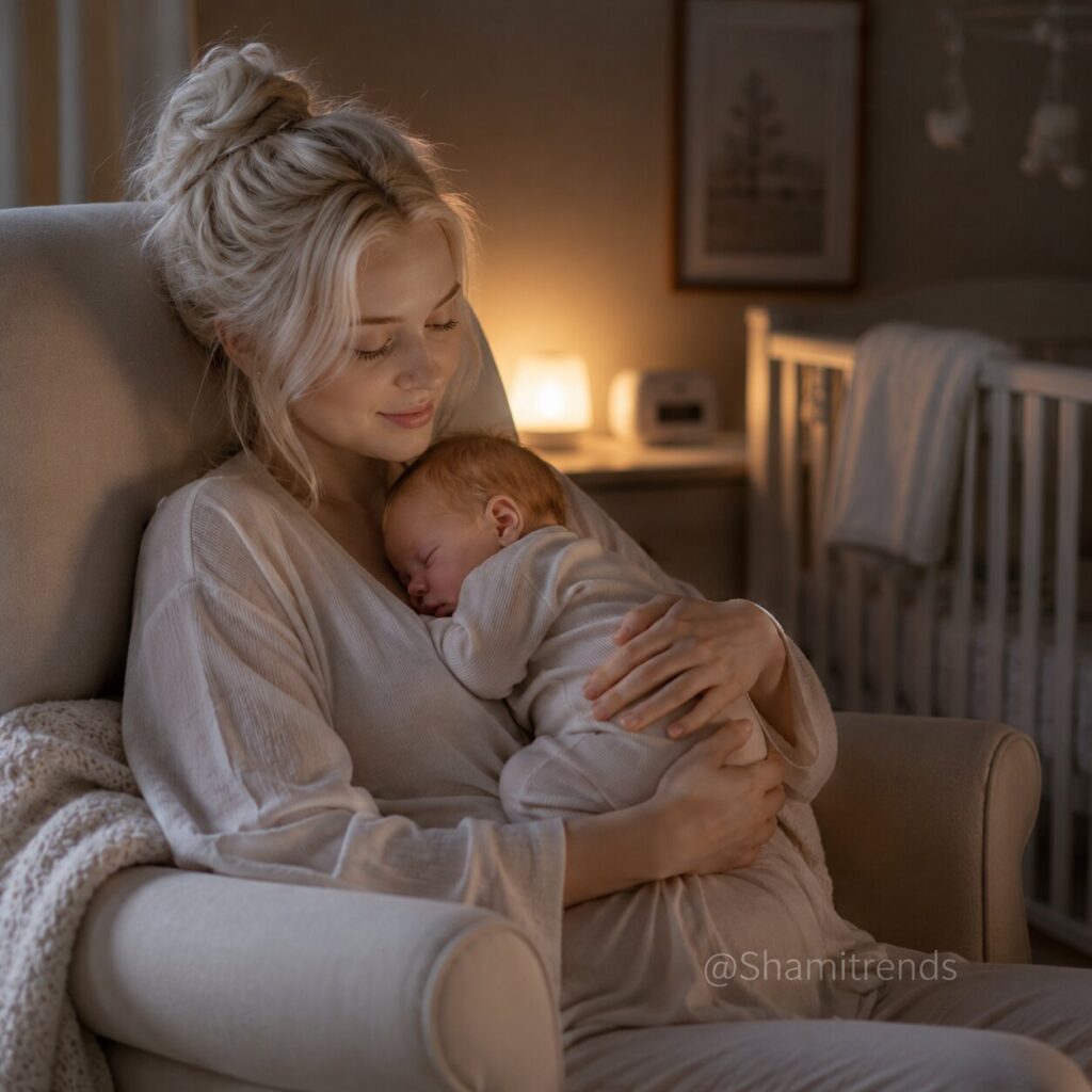 Cozy moments of motherhood at night