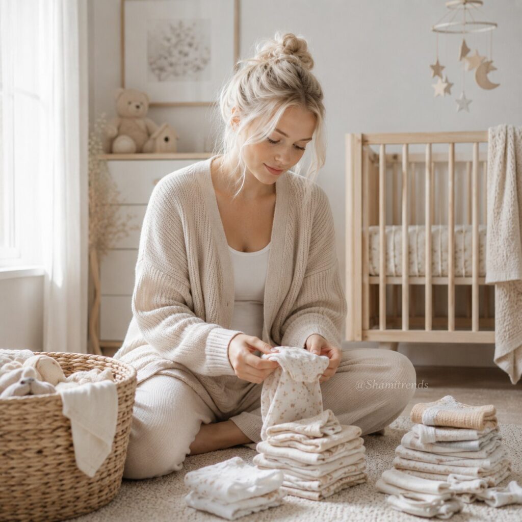Cozy nursery with baby clothes