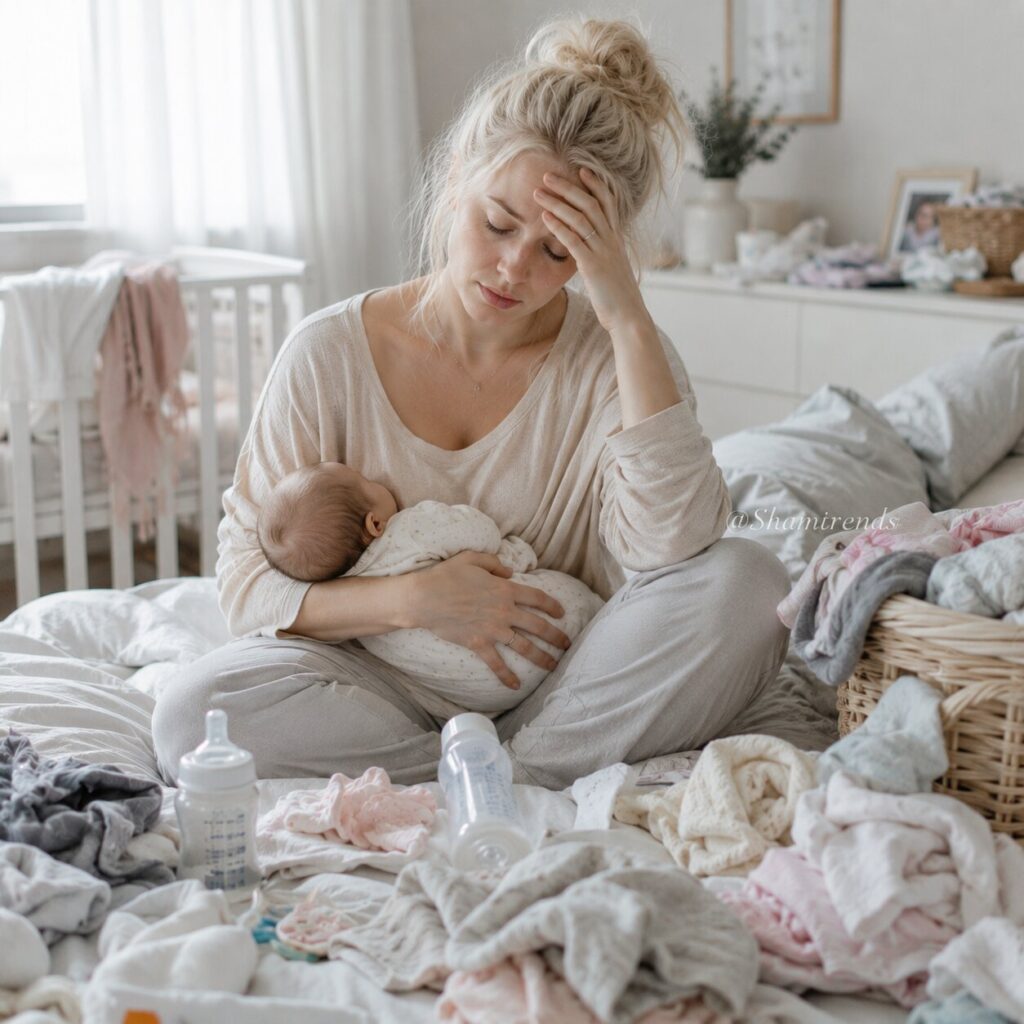 Exhausted mother with baby in nursery