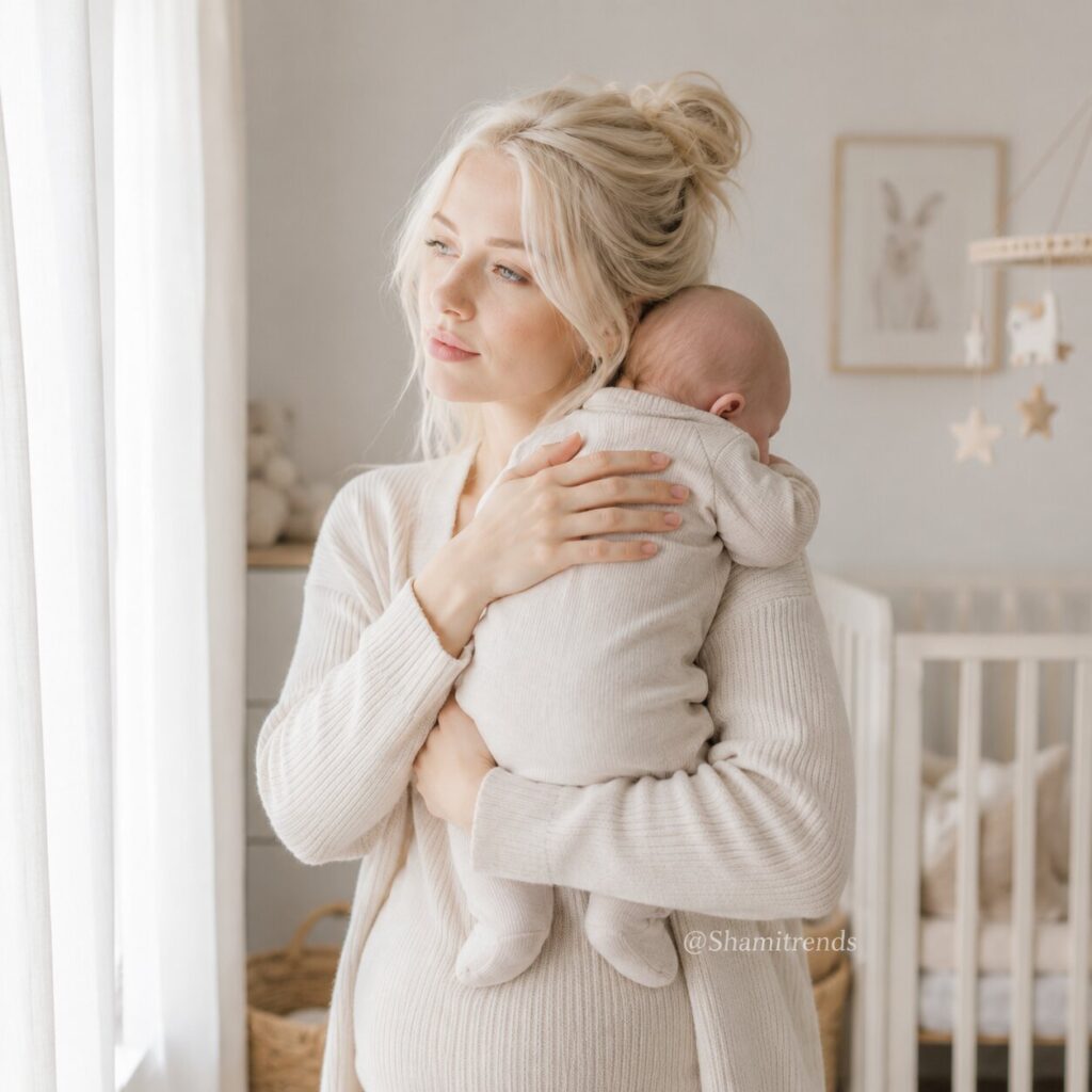 Serene mother-baby embrace in nursery