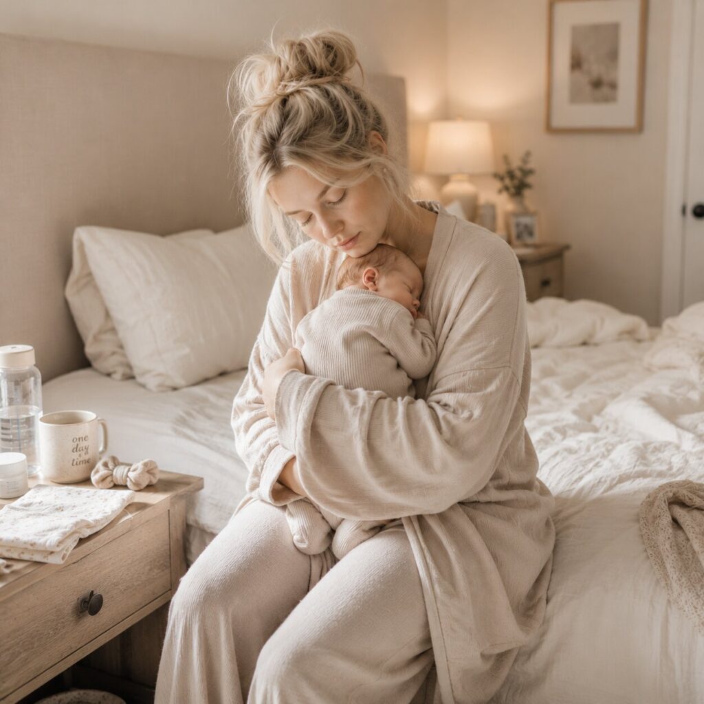 Cozy moments of motherhood at night