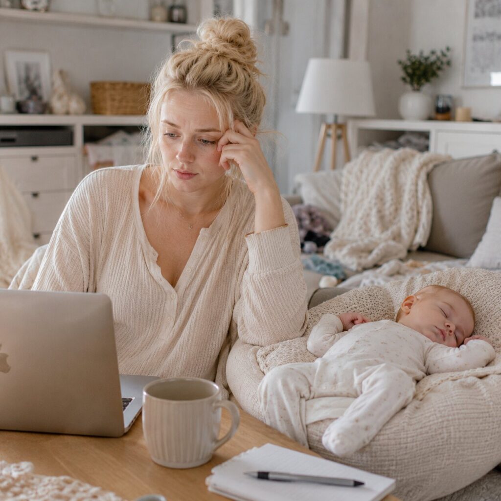 Tired mom working with sleeping baby