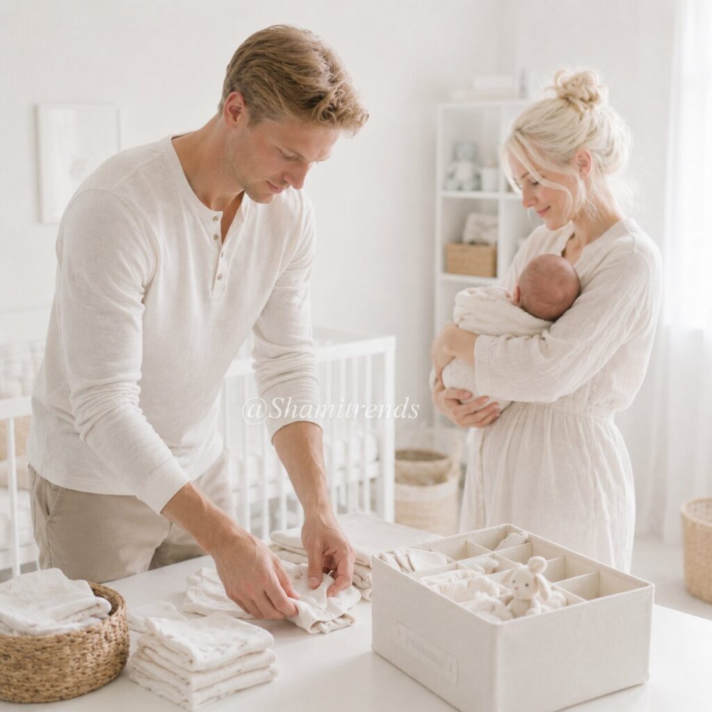 Cozy domestic moment in light nursery