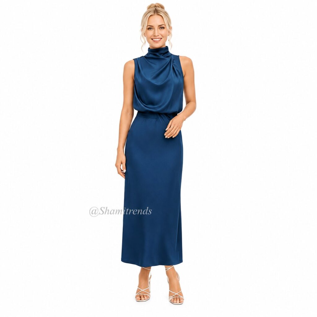 Elegant blue satin dress portrait
