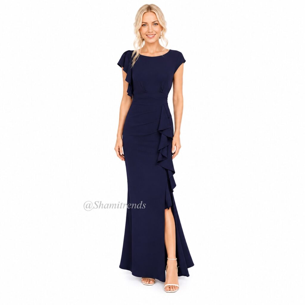 Elegant navy gown on model