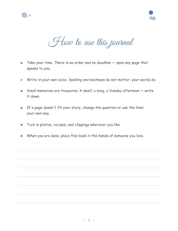 3 Every grandparent has a lifetime of stories worth remembering. This guided memory journal makes it easy to capture favorite memories, family traditions, childhood stories, and life lessons—all in one special place to pass down and treasure for years to come.